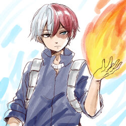 Rule 34 | 1boy, blue eyes, blue jacket, boku no hero academia, closed mouth, fire, grey hair, hair between eyes, hand up, highres, jacket, male focus, multicolored hair, pyrokinesis, red hair, rino cnc, short sleeves, solo, todoroki shoto, two-tone hair, upper body