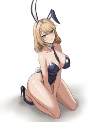 1girl absurdres alternate_costume animal_ears bare_shoulders blonde_hair blue_eyes blue_leotard blue_necktie breasts centaureissi_(girls&#039;_frontline_2) choebal1356201 collarbone commentary detached_collar english_commentary fake_animal_ears fake_tail g36_(girls&#039;_frontline) girls&#039;_frontline girls&#039;_frontline_2:_exilium high_heels highres kneeling large_breasts leotard necktie playboy_bunny rabbit_ears rabbit_tail shoes smile solo strapless strapless_leotard tail