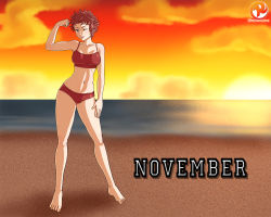 1girl barefoot beach bikini breasts fire_emblem fire_emblem_awakening flexing highres navel nintendo ocean red_bikini red_hair reit sand sports_bikini sully_(fire_emblem) sunset swimsuit toned toned_female water