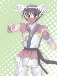 1boy belt black_belt brown_eyes brown_hair clenched_hands commentary_request cowboy_shot dougi fake_wings feathered_wings green_background head_wings looking_at_viewer male_focus mask mouth_mask pants ragnarok_online red_shirt sharari shirt short_hair sleeveless sleeveless_shirt solo star_gladiator_(ragnarok_online) two-tone_shirt white_pants white_shirt white_wings wings wrist_guards