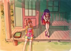 2girls apron bare_arms bare_legs blunt_bangs brown_eyes brown_hair character_request check_copyright closed_mouth collared_shirt copyright_request door dress eyelashes feet_out_of_frame flower_pot frilled_apron frills full_body grass grey_skirt hair_bobbles hair_ornament hairband hand_on_own_chin happy high_heels high_ponytail highres iwami_(10308) long_hair long_sleeves looking_ahead looking_at_another medium_dress multiple_girls on_bench outdoors pencil_skirt pinafore_dress pink_apron ponytail precure pumps purple_eyes purple_hair purple_shoes red_dress red_hairband ribbon shadow shirt shoes short_sleeves shovel sitting skirt sleeve_cuffs sleeveless sleeveless_dress smile sunset tareme thighhighs two-tone_skirt veranda very_long_hair waist_ribbon white_ribbon white_shirt white_thighhighs yellow_shirt yellow_skirt zettai_ryouiki