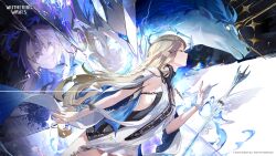 2girls absurdres black_collar black_dress blonde_hair blue_eyes cartethyia_(wuthering_waves) closed_eyes closed_mouth collar commentary crown_of_thorns dress dual_persona earrings english_commentary fleurdelys_(wuthering_waves) floating floating_object floating_sword floating_weapon highres horns imperator_(wuthering_waves) jewelry long_horns multiple_girls official_art pointy_ears single_horn sword tabard tacet_mark_(wuthering_waves) weapon white_tabard wuthering_waves yellow_horns