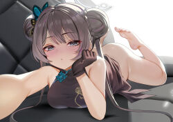 1girl :&lt; absurdres alternate_breast_size ass barefoot black_dress black_gloves black_hair blue_archive blush bottomless braid braided_bun breasts butterfly_hair_ornament china_dress chinese_clothes closed_mouth clothes_lift couch double_bun dragon_print dress dress_lift elbow_rest feet feet_up gloves grey_eyes grey_halo hair_bun hair_ornament halo hand_on_own_cheek hand_on_own_face head_rest highres kisaki_(blue_archive) long_hair looking_at_viewer lying medium_breasts no_panties on_couch on_stomach outstretched_arm print_dress sleeveless sleeveless_dress soles solo teddypocky thighs toes twintails very_long_hair