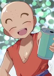 1boy bald bald_male blush can closed_eyes dragon_ball drink_can happy kuririn looking_at_viewer smile soda soda_can solo sparkle_background