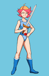 1girl adjusting_belt ahoge alternate_costume amanda_o&#039;neill bare_arms bare_legs bare_shoulders belt blue_background blue_boots blue_leotard boots closed_mouth clothing_cutout cosplay crossover female_focus full_body green_eyes highres holding holding_sword holding_weapon legs leotard lion-o lion-o_(cosplay) little_witch_academia looking_at_viewer multicolored_hair naughty_face navel navel_cutout neck orange_hair red_hair short_hair simple_background smile solo standing sword thundercats tomboy two-tone_hair weapon witch