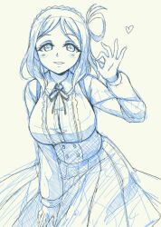 1girl blue_theme braid breasts collared_shirt commentary crown_braid english_commentary grey_background grin hair_rings heart large_breasts leaning_forward long_hair long_sleeves looking_at_viewer love_live! love_live!_sunshine!! monochrome neck_ribbon ohara_mari ok_sign one_side_up pas_(paxiti) pleated_skirt ribbon shirt simple_background single_hair_ring skirt smile solo