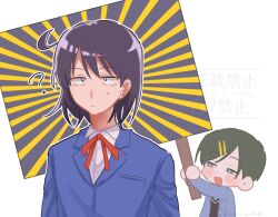 2girls :d :| ? backdrop black_eyes black_hair black_sweater_vest blazer blue_jacket blush bright_pupils closed_mouth collared_shirt commentary_request dress_shirt futsuu_no_keion-bu hair_ornament hairpin half-closed_eyes hatono_chihiro jacket kotori_yu0430 kouyama_rin lapels long_sleeves multiple_girls neck_ribbon notched_lapels open_clothes open_jacket open_mouth outline parted_bangs pixie_cut red_ribbon ribbon school_uniform shirt short_hair side_ahoge simple_background small_sweatdrop smile sweater_vest upper_body watermark white_background white_outline white_pupils white_shirt wing_collar winter_uniform