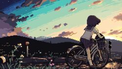 1girl animated bicycle city city_lights cloud dithering dusk female_focus gradient_sky hair_blowing looping_animation mountain mountainous_horizon original oyuzaki_(ayuzaki) pixel_art school_uniform serafuku skirt sky solo sunset video wind