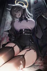 1girl animal_ears belt black_belt black_collar black_jacket black_mask black_skirt black_thighhighs blister_pack blue_archive bow bowtie boxcutter breasts brown_hair collar elevator fake_animal_ears garter_straps halo highres jacket jirai_kei large_breasts long_hair mask mask_pull moe_(blue_archive) mouth_mask multiple_belts ness_(pjw0168) open_mouth pill reflection shirt skirt sleeves_past_wrists teardrop thighhighs twintails white_shirt