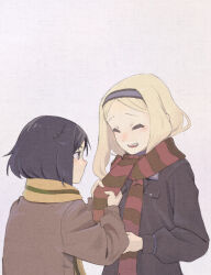 2girls aleksandra_i._pokryshkin annoyed black_hair black_hairband black_jacket blonde_hair blue_hairband blue_shirt blush brave_witches brown_jacket closed_eyes clothes_grab collared_shirt commentary_request enpera glaring green_scarf grin hairband highres jacket kanno_naoe laughing leather leather_jacket long_hair long_sleeves looking_at_another medium_hair multiple_girls neckwear_grab parted_bangs red_scarf scarf scarf_grab shiratama_(hockey) shirt sidelocks simple_background smile striped_clothes striped_scarf teeth two-tone_hairband upper_body upper_teeth_only white_background world_witches_series yellow_scarf
