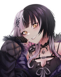 1girl absurdres allister_vinris black_arm_warmers black_choker black_coat black_hair black_nails breasts choker cleavage coat earrings fur-trimmed_coat fur_trim grey_hair grey_ribbon grin hair_ornament highres hololive hololive_english jewelry large_breasts long_hair looking_at_viewer multicolored_hair purple_coat shiori_novella shiori_novella_(1st_costume) simple_background smile solo split-color_hair striped_arm_warmers teeth two-sided_coat two-sided_fabric two-tone_hair virtual_youtuber white_background yellow_eyes yorick_(shiori_novella)