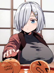 &gt;_&lt; 1girl artist_name belko black_sweater blue_eyes breasts dated food fruit grey_hair hair_ornament hair_over_one_eye hairclip hamakaze_(kancolle) highres indoors jacket kantai_collection large_breasts long_sleeves open_clothes open_jacket orange_(fruit) red_jacket short_hair solo sweater turtleneck turtleneck_sweater twitter_username watermark