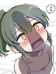 1girl breasts camisole collarbone commentary_request fang green_hair highres igarashi_futaba open_mouth penis_awe penis_shadow ponytail senpai_ga_uzai_kouhai_no_hanashi small_breasts solo sweat translation_request trembling tussy upper_body white_camisole yellow_eyes
