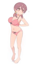 1girl arms_behind_back bare_arms bare_legs bare_shoulders barefoot blush_stickers bow bow_bra bow_panties bra breasts brown_eyes brown_hair collarbone commentary full_body hair_between_eyes highres large_breasts long_hair low_twintails multicolored_hair murosaki_miyo navel onii-chan_wa_oshimai! panties pink_bra pink_panties pon_sugar red_hair simple_background solo standing stomach twintails two-tone_hair underwear underwear_only white_background