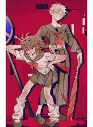 Rule 34 | 2boys, alternate costume, atou haruki, baseball bat, black serafuku, black skirt, blood, blood on clothes, blue sailor collar, brown hair, chinese commentary, closed eyes, closed mouth, commentary request, cropped shirt, crossdressing, delinquent, film grain, full body, hand on own hip, highres, holding, holding baseball bat, isoi reiji, leg warmers, long hair, male focus, medium hair, multiple boys, neck ribbon, neckerchief, pantyhose, pillarboxed, pleated skirt, red background, red neckerchief, red ribbon, ribbon, saibou shinkyoku, sailor collar, sailor shirt, school uniform, serafuku, shirt, short hair, short sleeves, skirt, sukeban, trap, white leg warmers, white pantyhose, white shirt, yang ba gao zi