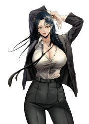 1girl arms_behind_head black_hair black_jacket black_necktie black_pants breasts cleavage collarbone commentary_request contrapposto cover_image cowboy_shot earrings high-waist_pants highres jacket jewelry large_breasts lips long_hair long_sleeves looking_at_viewer nadainishi necktie original pants partially_unbuttoned shirt shirt_tucked_in simple_background smile solo suit_jacket white_background white_shirt yellow_eyes