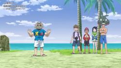 1girl 3boys animated beard biceps blonde_hair blue_sky brown_pants day facial_hair fuecoco gen_3_pokemon gen_5_pokemon gen_9_pokemon grass holding holding_pokemon jacket liko_(pokemon) long_sleeves looking_at_another ludlow_(pokemon) manly multiple_boys muscular nintendo pants platform_footwear pokemon pokemon_(anime) pokemon_(creature) pokemon_horizons roy_(pokemon) sandals screencap sharpedo shirt sky snap_boy_(pokemon) sound sprigatito standing striped_clothes striped_pants sunglasses swimmer_(pokemon) talking thick_eyebrows third-party_edit transparent_background trubbish vertical-striped_clothes vertical-striped_pants video walking white_shirt