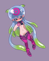 1girl blue_eyes blue_hair blush closed_mouth clothes_pull digimon digimon_(creature) digimon_ghost_game female_focus full_body gradient_hair green_hair jellyfish_girl jellymon loli long_hair looking_at_viewer monster_girl multicolored_hair navel pointy_ears pulling_own_clothes purple_background pussy shirt_pull simple_background solo standing tentacle_hair tentacles thighhighs tosx