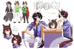 5boys :3 adapted_uniform animal_ears ascot belt black_hair black_pantyhose blue_eyes brown_hair chair commentary_request cropped_jacket crossed_arms desk epaulettes fang flipped_hair genderswap genderswap_(ftm) green_eyes hair_ornament hairclip hand_on_own_hip hands_in_pockets hat highres horse_boy horse_ears horse_tail jagaimobeniko katsuragi_ace_(umamusume) long_sleeves maruzensky_(umamusume) medal medium_hair mini_hat mini_top_hat mr._c.b._(umamusume) multicolored_hair multiple_boys necktie one_eye_closed own_hands_together pants pantyhose purple_eyes purple_necktie purple_shirt recursive_genderswap red_eyes school_uniform shirt short_hair short_sleeves side_cape single_epaulette single_sleeve sirius_symboli_(umamusume) sitting skin_fang sleeping summer_uniform sweatdrop tail tilted_headwear top_hat tracen_school_uniform translation_request two-tone_hair umamusume v-shaped_eyebrows white_ascot white_belt white_hair white_hat white_pants