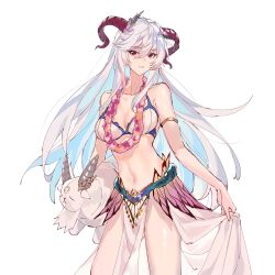 1girl bikini blue_hair breasts cleavage colored_inner_hair commentary_request curly_hair fire_emblem fire_emblem_heroes freyja_(fire_emblem) freyja_(summer)_(fire_emblem) goat_girl goat_horns hair_between_eyes highres horns jnsghsi large_breasts long_hair looking_at_viewer multicolored_hair navel nintendo official_alternate_costume pelvic_curtain red_eyes red_horns simple_background solo stuffed_animal stuffed_toy swimsuit two-tone_hair white_background white_bikini white_hair