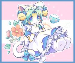 1girl ahoge animal_hat apron bell blue_border blush_stickers border cat_hat cat_tail dejiko di_gi_charat dress flower food full_body green_hair hair_bell hair_ornament hat highres looking_at_viewer mochi puffy_short_sleeves puffy_sleeves ribbon rice short_hair short_sleeves solo tail tail_ornament tail_ribbon white_apron yuzuhamaru