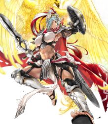 1girl abs arm_shield bird dagr_(fire_emblem) dagr_(sunny_bloom)_(fire_emblem) feet fire_emblem fire_emblem_heroes glowing glowing_animal grey_hair highres holding holding_sword holding_weapon muscular muscular_female nintendo non-web_source official_alternate_costume official_art pelvic_curtain sandals shield solo sword toes weapon
