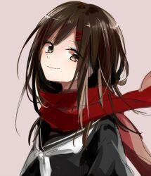 1girl black_hair black_sailor_collar black_serafuku brown_background brown_eyes brown_hair closed_mouth enpera floating_scarf fringe_trim hair_between_eyes hair_ornament hairclip kagerou_project long_hair long_scarf neck_warmer neckerchief red_scarf sailor_collar scarf school_uniform serafuku shirt simple_background single_stripe smile solo tateyama_ayano white_neckerchief white_stripes