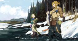Rule 34 | 1boy, 1girl, blonde hair, blue eyes, blue sky, bottle, breath, closed eyes, cloud, contemporary, cooler, couple, day, earrings, fishing gear, fishing rod, forest, highres, jewelry, link, long hair, mini snowman, mountainous horizon, nature, nintendo, outdoors, pine tree, pointy ears, princess zelda, river, sky, smile, snow, standing, the legend of zelda, the legend of zelda: tears of the kingdom, tizibade, tree, water bottle, winter, winter clothes