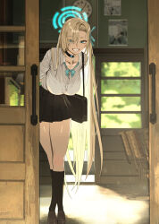 1girl absurdres asuna_(blue_archive) asuna_(school_uniform)_(blue_archive) blonde_hair blue_archive blue_eyes halo highres indoors looking_at_viewer midfinger open_door school_uniform shirt smile solo white_shirt