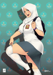 1girl backpack bag blush braces breasts brown_eyes female_focus highres hijab indonesian_high_school_uniform large_breasts looking_at_viewer mary_janes miniskirt nigaw open_mouth original school_uniform shirt shoes skirt smile solo taut_clothes taut_shirt thighhighs thighs white_hijab white_thighhighs