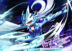 Rule 34 | 1girl, absurdres, blue bodysuit, blue helmet, bodysuit, breasts, card, cleavage, commission, d-wheel, grey hair, helmet, highres, holding, holding card, large breasts, long hair, motor vehicle, motorcycle, personification, riding, shiina aono, solo, stardust dragon, vgen commission, yellow eyes, yu-gi-oh!, yu-gi-oh! 5d&#039;s, yu-gi-oh! cross duel