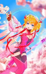 1girl absurdres black_gloves blonde_hair blue_eyes breasts cleavage cloud dress fingerless_gloves gloves highres ji_rong mechanical_wings medium_breasts mercy_(overwatch) nail_polish official_alternate_costume overwatch overwatch_1 pelvic_curtain pink_dress pink_mercy pink_nails pink_thighhighs side_ponytail skindentation sky solo thighhighs wings