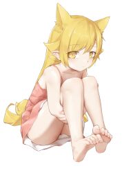 Rule 34 | 1girl, absurdres, barefoot, blonde hair, blush, feet, highres, hugging own legs, long hair, looking at viewer, monogatari (series), oshino shinobu, oshino yeye, pointy ears, soles, toes, yellow eyes