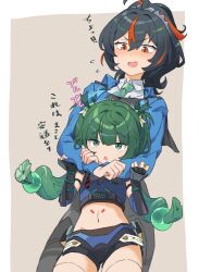 2girls android black_hair black_pants blue_jacket blush checkered_necktie green_eyes green_hair grey_background hairband high-waist_pants highres hug hug_from_behind jacket metal_hairband midriff mochihuman multicolored_hair multiple_girls necktie open_mouth pants police police_uniform policewoman ponytail qingyi_(zenless_zone_zero) red_eyes red_hair streaked_hair twintails zenless_zone_zero zhu_yuan