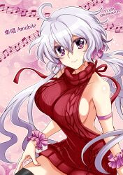 1girl ahoge blush breasts comiket_103 grey_hair hair_between_eyes hair_ornament highres kanna_(plum) large_breasts long_hair looking_at_viewer low_twintails meme_attire purple_eyes senki_zesshou_symphogear solo twintails virgin_killer_sweater white_hair yukine_chris