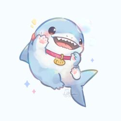 1boy artist_name blush bubble character_name chibi collar commentary diffraction_spikes english_commentary fangs fins fish_tail gills highres jeff_(marvel) lilpawie looking_at_viewer marvel marvel_rivals notice_lines open_mouth pawpads shark shark_fin shark_tail smile sparkle tail watermark white_background