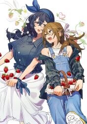 Rule 34 | 2girls, 404no2929, :d, alternate hairstyle, basket, black shirt, blush, bow hairband, braid, breasts, brown eyes, brown hair, collared shirt, commentary, flower, flower button, food, frilled shirt, frilled sleeves, frills, fruit, hair ribbon, hairband, half updo, heart, holding, holding basket, large breasts, layered clothes, long hair, looking at another, looking up, miya (404no2929), multiple girls, off shoulder, open clothes, open mouth, open shirt, original, overalls, plaid clothes, plaid shirt, ponytail, purple eyes, ribbon, shion (404no2929), shirt, side braid, skirt basket, skirt hold, smile, strawberry, strawberry plant, tank top, white background, white tank top, yuri