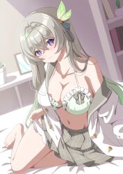Rule 34 | 1girl, absurdres, bare legs, bed, bed sheet, book, bra, breasts, cleavage, closed mouth, firefly (honkai: star rail), firefly (spring missive) (honkai: star rail), frilled bra, frills, fuyunash1, grey hair, grey sailor collar, grey skirt, hairband, highres, honkai: star rail, honkai (series), indoors, large breasts, legs, long hair, looking at viewer, multicolored eyes, navel, no socks, on bed, panties, panty pull, plaid clothes, pleated skirt, sailor collar, skirt, smile, solo, two-tone eyes, underwear, undressing, very long hair, white bra, white panties, white skirt, white sleeves