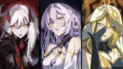3girls arinyawa bare_shoulders black_choker black_dress blonde_hair blue_eyes braid choker closed_mouth commentary dress english_commentary eye_hair_ornament eyeshadow genshin_impact hair_between_eyes hand_on_own_face heterochromia highres hood istaroth_(genshin_impact) light_smile long_hair looking_at_viewer makeup multiple_girls orange_eyeshadow rhinedottir_(genshin_impact) ronova_(genshin_impact) veil very_long_hair white_dress white_hair white_veil yellow_eyes