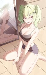 1girl absurdres bare_arms bare_legs bare_shoulders barefoot between_legs black_shirt black_shorts breasts camisole cleavage collarbone crop_top dolphin_shorts g_godocbaek green_hair hair_ornament hairclip hand_between_legs hashtag-only_commentary highres large_breasts long_hair looking_at_viewer midriff mirror mole mole_on_breast navel on_floor open_mouth purple_eyes reflection shirt short_shorts shorts sitting sleeveless sleeveless_shirt smile solo stellive stomach thighs twintails virtual_youtuber wariza yuzuha_riko