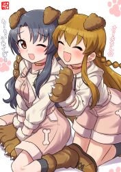 2girls absurdres alternate_costume animal_ears animal_hands between_legs black_hair blush bone_print boots braid breasts brown_boots brown_gloves brown_hair brown_overalls brown_socks closed_eyes collar dog_ears drawstring fur-trimmed_gloves fur-trimmed_sleeves fur_trim gloves hand_between_legs hands_on_another&#039;s_shoulders highres hood hoodie idolmaster idolmaster_million_live! idolmaster_million_live!_theater_days kneeling kousaka_umi long_hair long_sleeves looking_at_another medium_breasts multiple_girls ngetyan official_alternate_costume one_eye_closed open_mouth overall_shorts overalls paw_gloves paw_print pink_overalls red_collar sidelocks sitting smile socks suspenders takayama_sayoko wanwan_wonderful_(idolmaster) wariza wavy_hair white_background white_hoodie