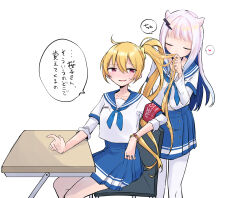 2girls ahoge armband arms_behind_back black_choker blonde_hair blue_hair blue_neckerchief blue_sailor_collar blue_skirt blush bracelet buttons chair choker closed_eyes closed_mouth colored_inner_hair commentary_request desk dot_nose eternal_sakura expressionless feet_out_of_frame gradient_hair hair_horns hair_ornament hair_scrunchie hairclip hand_on_table heart high-waist_skirt high_side_ponytail highres holding_another&#039;s_hair jewelry knees layered_sleeves long_hair long_sleeves looking_at_another looking_at_viewer magia_record:_mahou_shoujo_madoka_magica_gaiden mahou_shoujo_madoka_magica midori_ryo minaminagi_liberty_academy_school_uniform miniskirt motion_lines multicolored_hair multiple_girls neckerchief nervous_smile nervous_sweating on_chair open_mouth pantyhose pink_eyes pink_hair pleated_skirt red_armband ring sailor_collar school_chair school_desk school_uniform scrunchie shirt short_over_long_sleeves short_sleeves sidelocks simple_background sitting skirt smelling smelling_hair smile spoken_heart standing sweat translation_request ultimate_magnum very_long_hair wavy_hair white_background white_pantyhose white_shirt white_sleeves yellow_scrunchie yuri