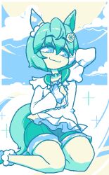 1girl animal_ears arm_behind_head boots closed_mouth cloud collar ear_covers flower frilled_jacket frills fur-trimmed_boots fur_trim green_boots green_collar green_eyes green_hair green_sailor_collar green_shorts hair_between_eyes hair_flower hair_ornament hand_on_own_chest highres horse_ears horse_girl horse_tail jacket jaggy_lines quarium sailor_collar seiun_sky_(umamusume) short_hair shorts single_ear_cover sitting sky smile solo sparkle tail umamusume white_jacket