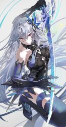 Rule 34 | absurdres, boots, buri (retty9349), clothing cutout, elbow gloves, genshin impact, gloves, hair ornament, high heel boots, high heels, highres, holding, holding sword, holding weapon, long hair, navel, red eyes, skirk (genshin impact), sword, weapon, white background