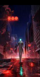Rule 34 | 1other, building, city, coat, gloves, grey coat, grey pants, highres, hoshi mori, night, no eyes, no mouth, no nose, original, pants, rain, road, shirt, shoes, skyscraper, solo, standing, street, traffic light, tree, vest, white gloves, white shirt