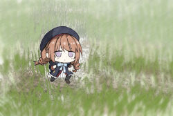 1girl black_hat black_pantyhose blue_bow blue_bowtie bow bowtie braid brown_hair brown_shoes chibi chibi_only commentary_request ehho_ehho_(meme) grass hako_roku hat long_hair low_twin_braids meme mini_person minigirl neta pantyhose princess_connect! purple_eyes running school_uniform shoes sidelocks solo st._theresa&#039;s_girls_academy_school_uniform twin_braids yuni_(princess_connect!)