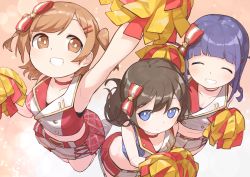 3girls ^_^ absurdres aijou_karen arm_up armpits bare_shoulders belt blue_eyes blunt_bangs bow breasts bright_pupils brown_background brown_eyes brown_hair buckle buttons cheering cheerleader choker cleavage closed_eyes closed_mouth collarbone commentary crop_top cross-laced_clothes cross-laced_skirt double-breasted facing_viewer floating_hair from_above goe_(g-o-e) grin hair_between_eyes hair_bow hair_ornament hairclip hand_up hands_up highres holding holding_pom_poms jumping kagura_hikari light_smile long_hair looking_at_viewer looking_up medium_breasts midriff miniskirt multiple_girls navel official_alternate_costume outstretched_arm pleated_skirt pom_pom_(cheerleading) pom_poms purple_hair red_belt red_bow red_choker red_shirt shirt shoe_soles shoes short_hair shoujo_kageki_revue_starlight shoujo_kageki_revue_starlight_-re_live- sidelocks skirt sleeveless sleeveless_shirt smile standing standing_on_one_leg star_(symbol) star_hair_ornament striped_bow striped_clothes striped_skirt swept_bangs tsuyuzaki_mahiru two-tone_background two-tone_shirt two-tone_skirt two_side_up white_background white_footwear white_pupils white_shirt