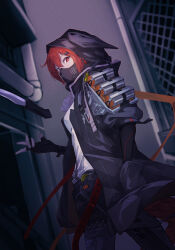 1girl animal_ear_hood arknights belt black_gloves black_jacket black_mask black_pants breasts commentary cowboy_shot crownslayer_(arknights) dutch_angle fake_animal_ears film_grain fingerless_gloves floppy_ears from_side gloves hair_between_eyes hair_ornament hairclip hand_in_pocket high_collar hood hood_up hooded_jacket hyena_ears hyena_girl jacket key knife looking_at_viewer loose_hair_strand mask medium_breasts mouth_mask online_neet pants red_belt red_eyes red_hair shirt short_hair sideways_glance smoke_grenade solo spot_color standing white_shirt