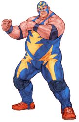 1boy absurdres blonde_hair capcom_vs_snk clenched_hands elbow_pads facial_hair fat fat_man fatal_fury full_body game_cg highres knee_pads male_focus muscular nishimura_kinu non-web_source official_art pointing raiden_(snk) red_shoes shoes solo spandex wrestling wrestling_mask wrestling_outfit