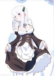 1girl absurdres alternate_costume annoyed apron black_dress black_eyes blush breasts butterfly_hair_ornament cleavage clothes_lift colored_eyelashes commentary cowboy_shot double-parted_bangs dress echidna_(re:zero) english_commentary english_text enmaided frilled_dress frills hair_ornament hair_over_shoulder highres large_breasts long_hair long_sleeves maid maid_headdress open_mouth re:zero_kara_hajimeru_isekai_seikatsu roswaal_mansion_maid_uniform solo teeth turning_head upper_teeth_only waist_apron white_background white_eyelashes white_hair yumekaleid
